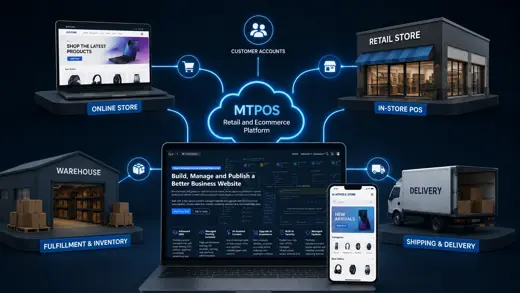 Retail and ecommerce platform showing POS, online orders, fulfillment, and customer accounts