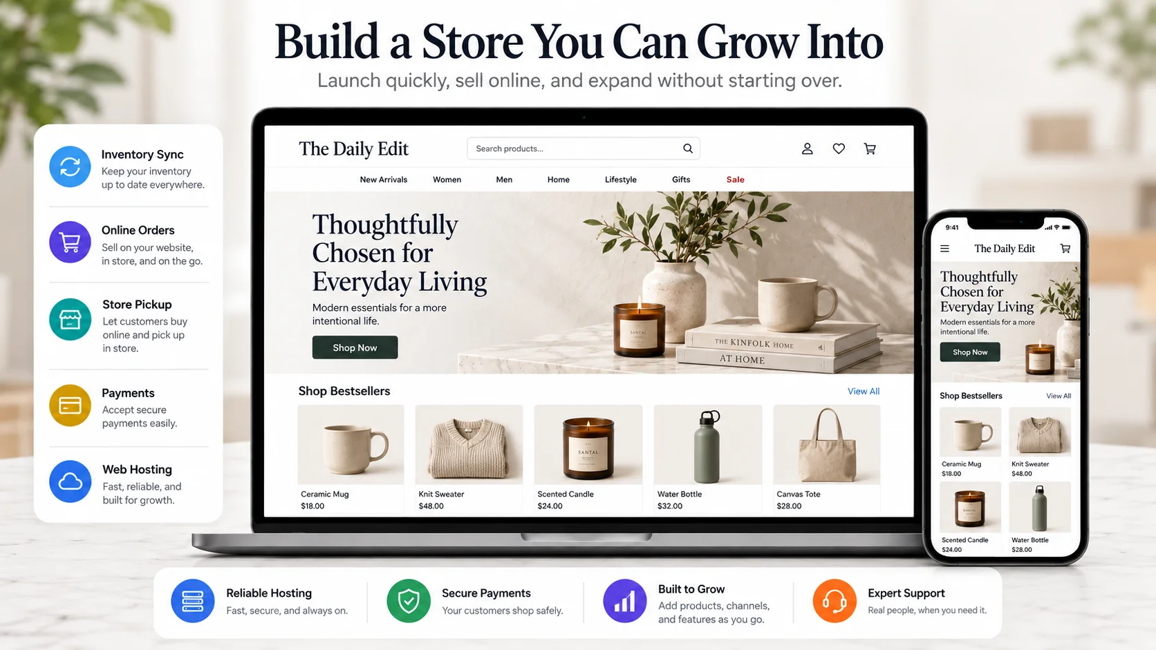 Online store on laptop and mobile with inventory sync, online orders, payments, store pickup, hosting and support.