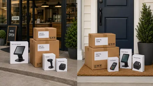 Packaged POS hardware delivered to both a business entrance and a residential front door