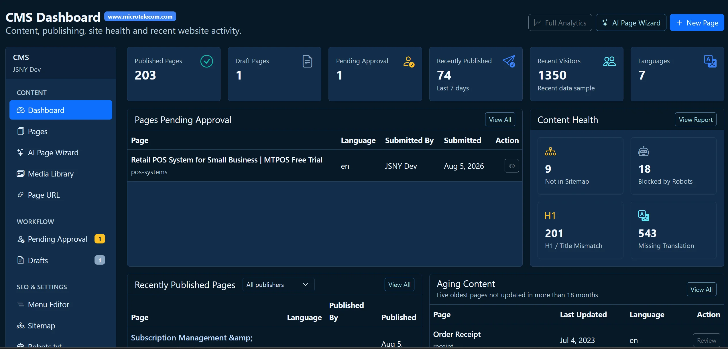 MicroTelecom CMS editor used to manage subscription service pages and eCommerce content
