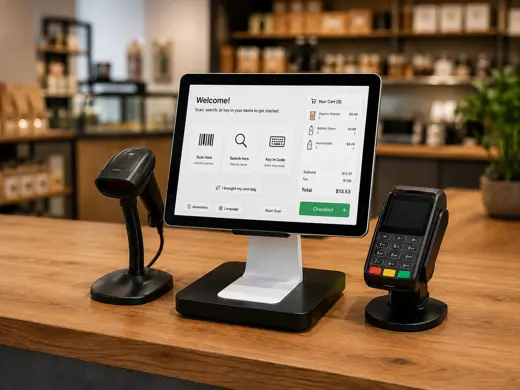 Compact MTPOS self-checkout station using a tablet with scanner and payment terminal