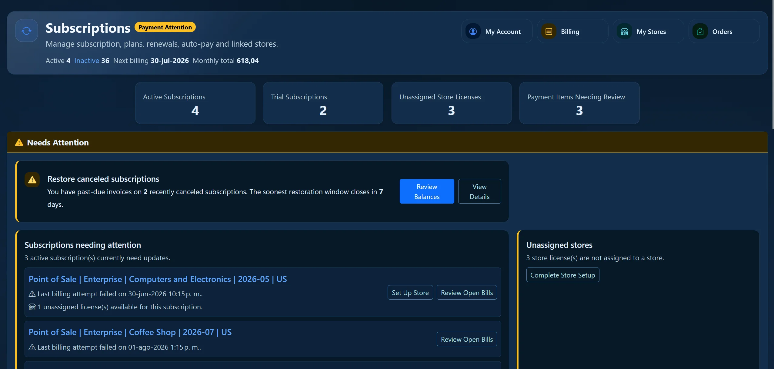 Customer self-service subscription portal with plans, invoices, payment methods and billing history