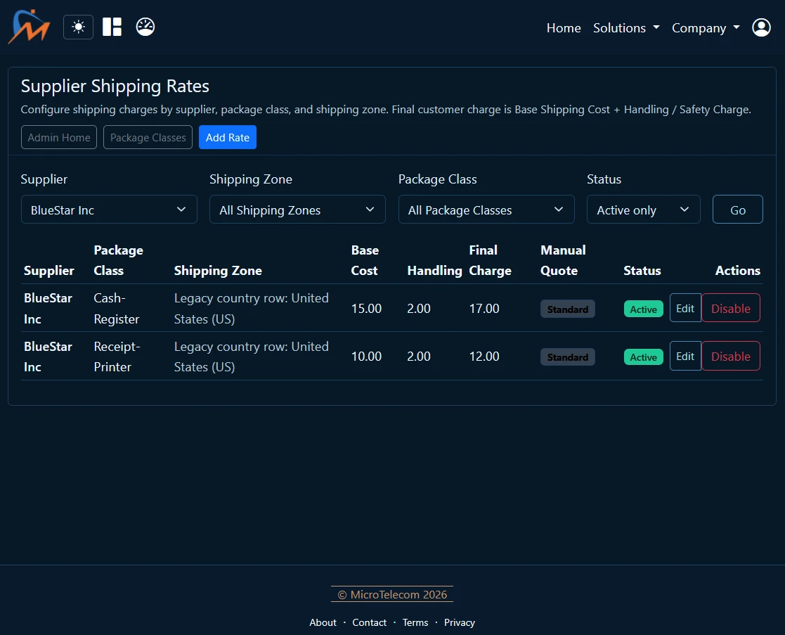 Ecommerce fulfillment dashboard showing suppliers, packaging, territories, shipping costs, and order routing rules