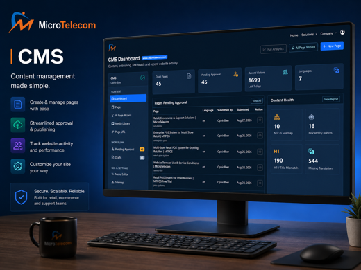 MicroTelecom CMS website page editor for managing business website content