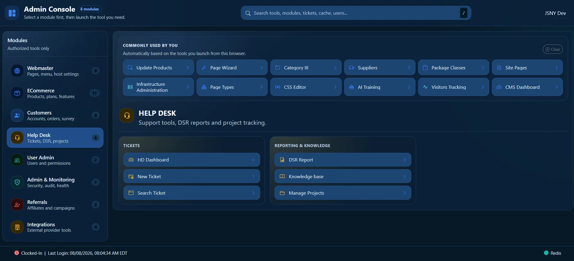 MicroTelecom administration console showing role-based Service Desk tools and knowledge modules