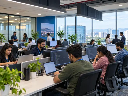 Software professionals working in a modern Pune hi-tech office at MicroTelecom