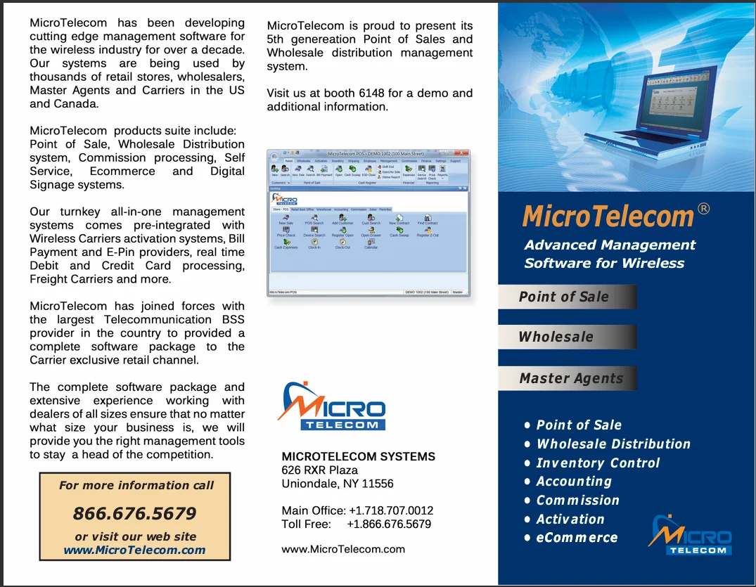 Historical MicroTelecom product brochure from the company's early New York period