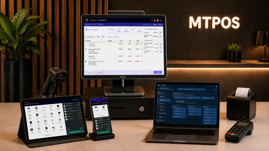 MTPOS point of sale software running on desktop, tablet and mobile devices