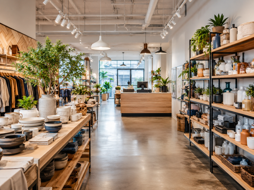Modern retail store interior with organized shelves, display tables, and checkout counter