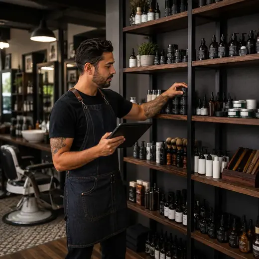 Barbershop employee checking pomades, oils, shampoos and grooming tools with a protected tablet