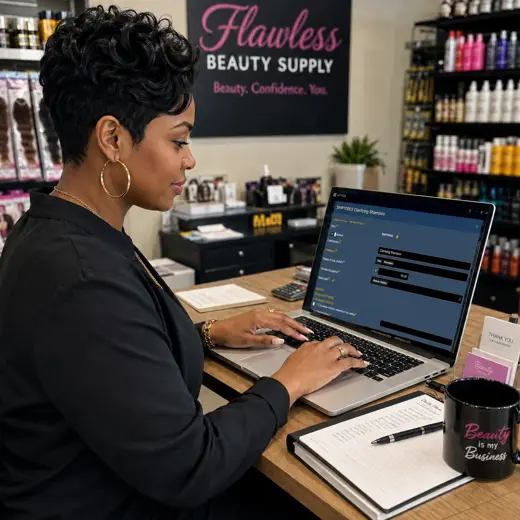 Beauty supply employee receiving cosmetics, hair products and professional tools while checking inventory on a protected tablet