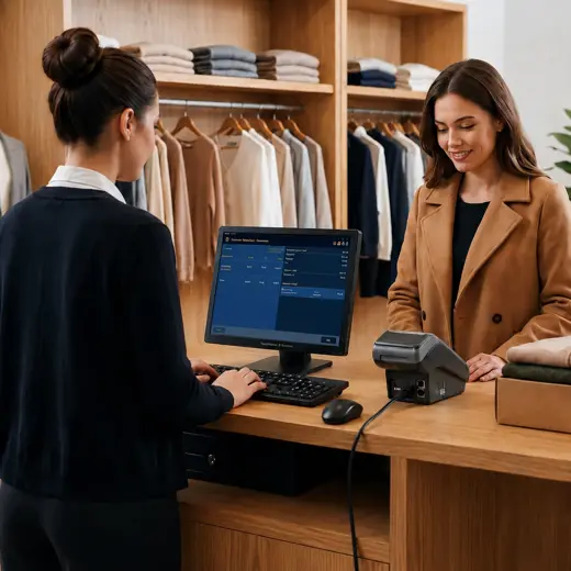 Boutique associate using a tablet POS while helping a customer compare apparel, accessories and coordinating pieces