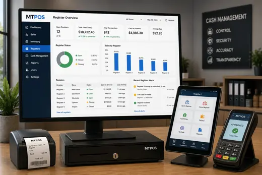 MTPOS cash register management dashboard with register status, cash drawer controls, receipt printer and payment terminal