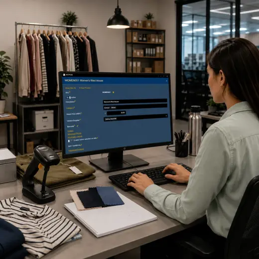 Retail manager organizing clothing products and attributes in the MTPOS catalog management system