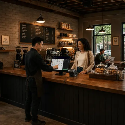 Coffee shop employee building a customized drink order and accepting a contactless payment