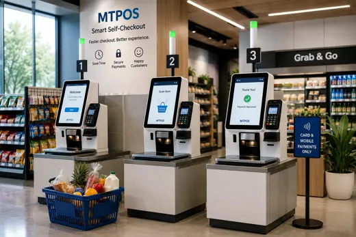 Modern MTPOS self-checkout stations with touchscreen, scanner and integrated card payment terminal