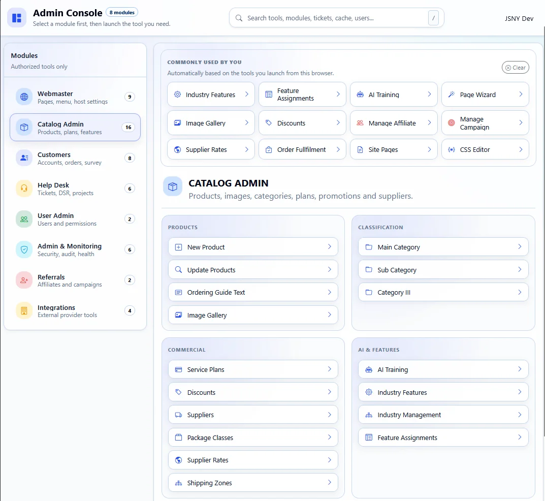 Ecommerce product catalog management with products, categories, suppliers, pricing, images, and shipping configuration