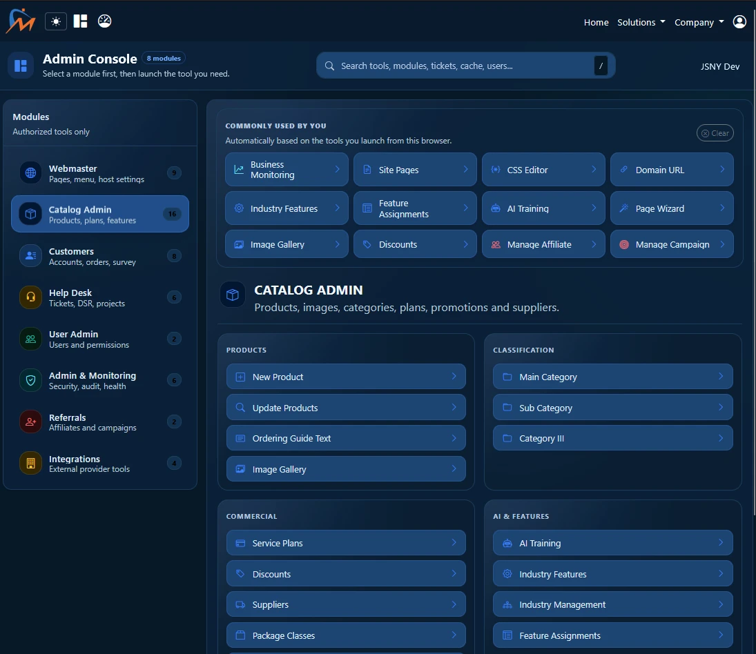 Ecommerce product catalog management with products, categories, suppliers, pricing, images, and shipping configuration