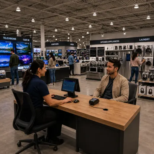 Electronics store associate helping a customer compare a television, audio equipment and related accessories using a tablet POS