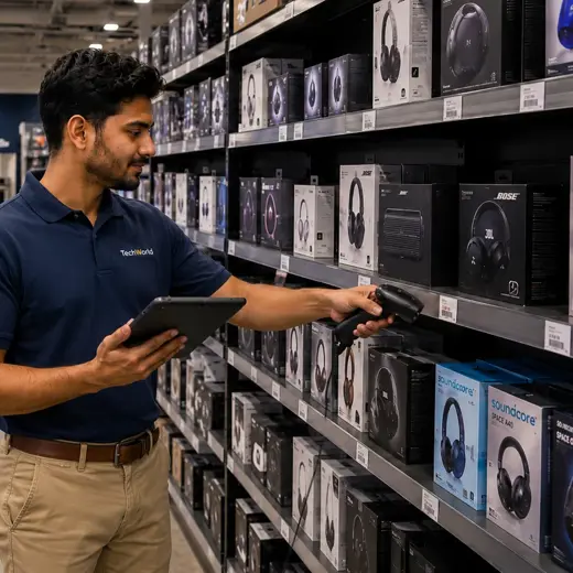 Electronics store employee checking serialized televisions, cameras and audio equipment with a protected tablet