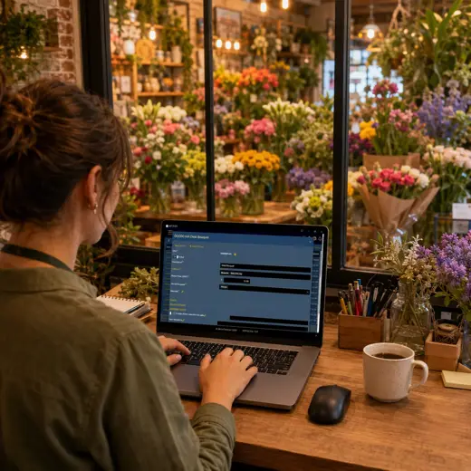 Florist using a protected tablet POS while helping a customer among flower and plant displays