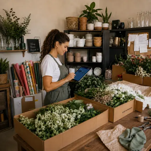 Flower shop employee receiving fresh flowers, plants and containers while checking inventory on a protected tablet