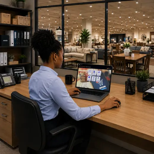 Furniture store associate using a protected tablet POS while helping customers compare room furniture and accessories