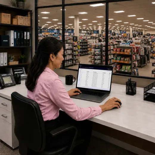 General retail employee using a tablet POS while helping a customer on the sales floor