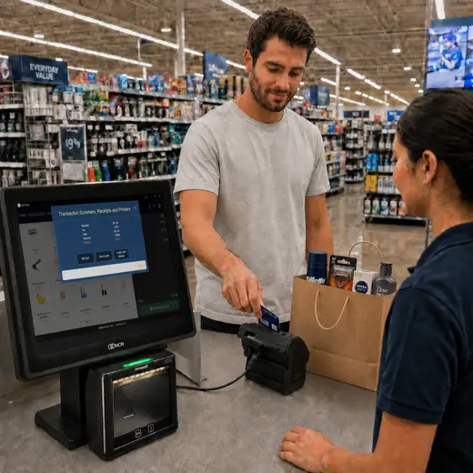 General retail store staff assisting customers and processing sales