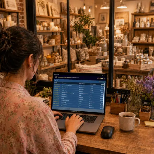 Gift shop employee using a tablet POS while helping a customer choose items