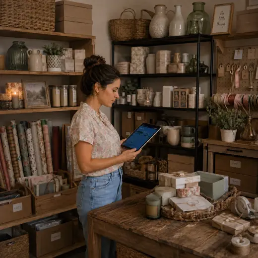 Gift shop manager reviewing merchandise inventory on a tablet in the stock area