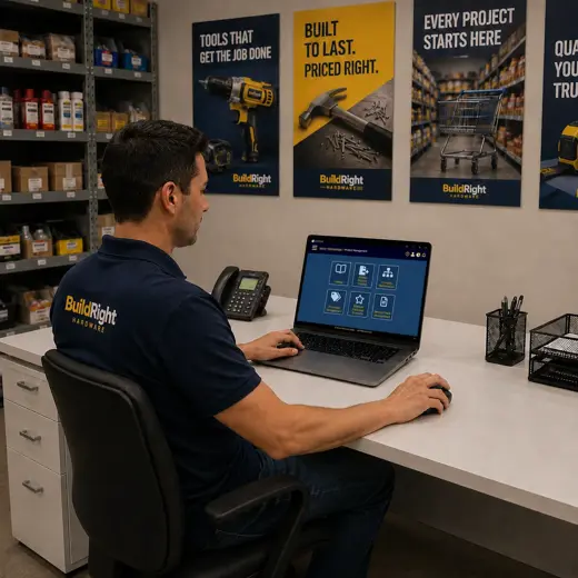 Hardware store employee receiving tools, fasteners and supplies while checking inventory with a protected tablet