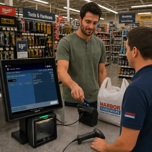 Hardware store associate using a tablet POS while helping a customer compare tools, fittings and project supplies