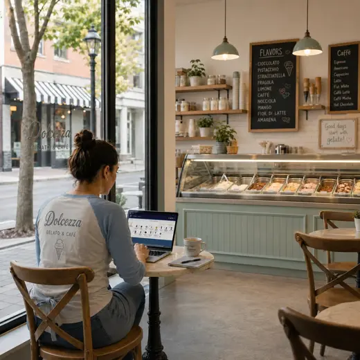 Ice cream shop cashier using a tablet POS while serving an order