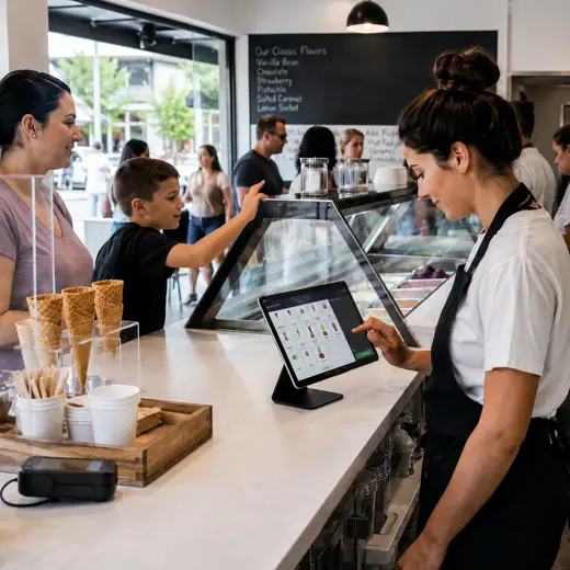 Ice cream shop staff serving customers during a busy afternoon