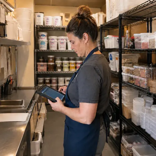 Ice cream shop manager checking stock and freezer inventory on a tablet