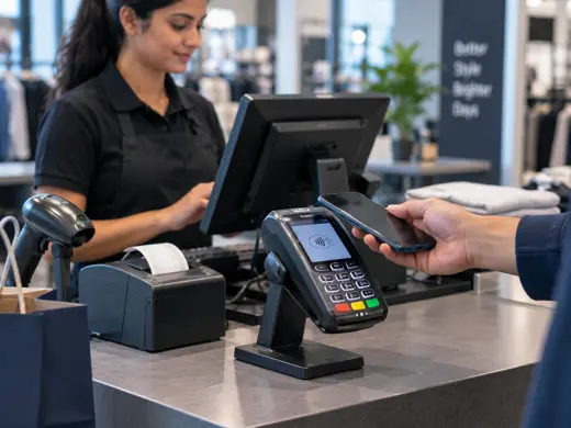 Customer making a contactless payment at a modern retail checkout with MTPOS