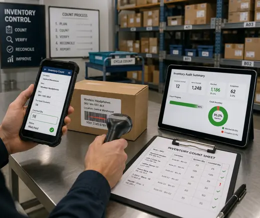 MTPOS inventory count workflow with barcode scanning, mobile stock verification and inventory audit reporting