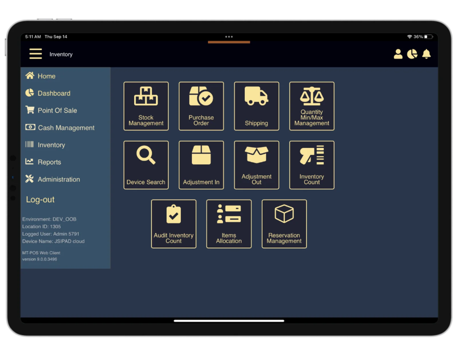MTPOS mobile inventory management and remote catalog administration (shown on iPad)