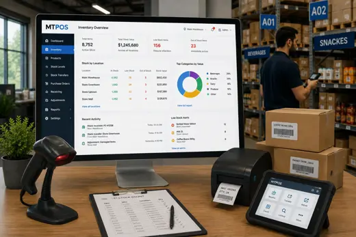MTPOS inventory management dashboard with warehouse stock levels, barcode scanning, receiving, transfers and stock-count workflows