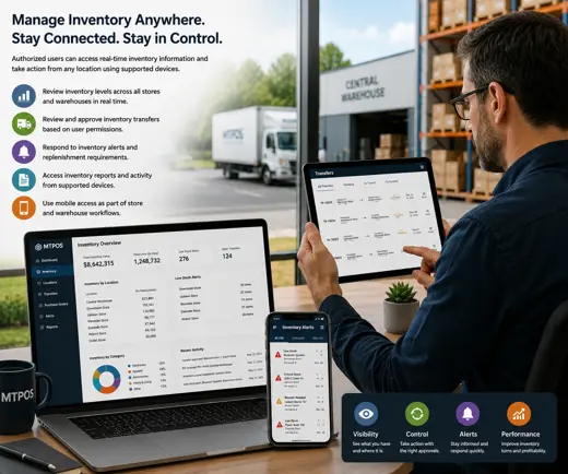 MTPOS remote inventory management showing stock visibility, transfer approvals, alerts and inventory access from supported devices