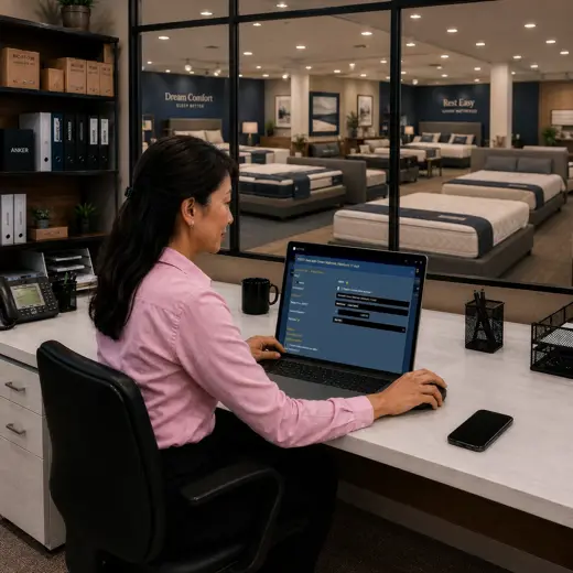 Mattress store employee checking incoming mattresses, adjustable bases and sleep accessories with a protected tablet