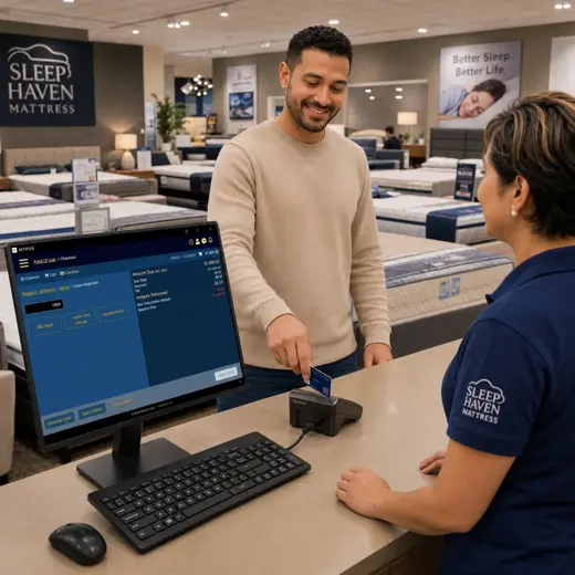 Mattress store associate using a tablet POS while helping a customer compare mattress comfort, size and accessories
