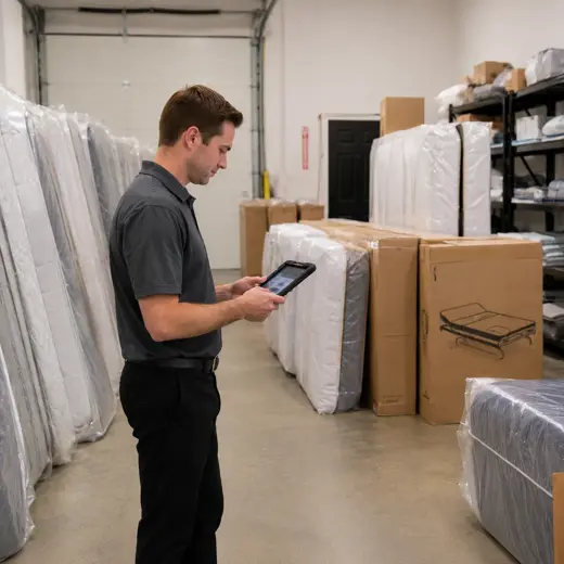 Mattress store associate using a protected tablet POS while helping a customer compare mattresses and sleep accessories