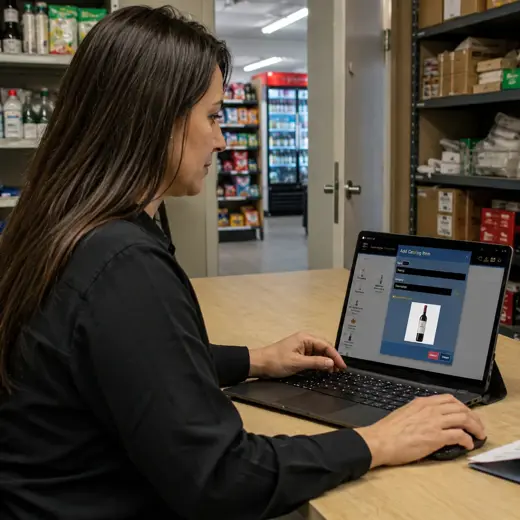 Minimarket employee checking shelves and convenience-store inventory with a protected tablet