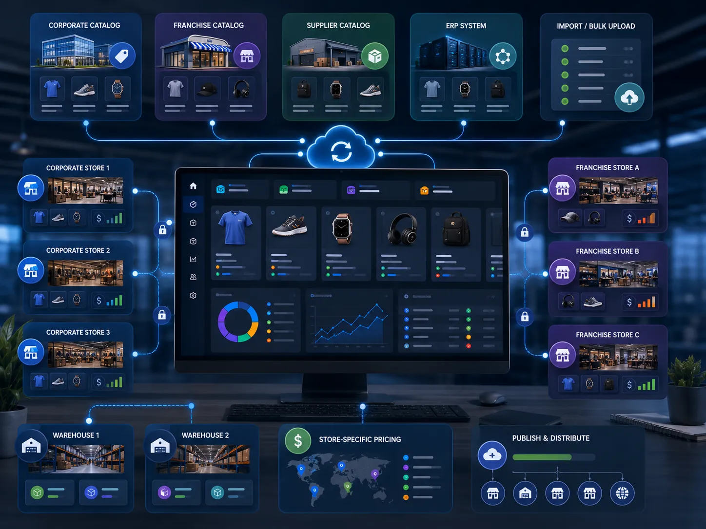 MTPOS enterprise and franchise catalog management architecture