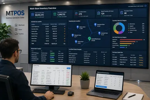 MTPOS multi-store inventory dashboard showing stock levels, warehouse locations, transfers, replenishment alerts and purchase orders