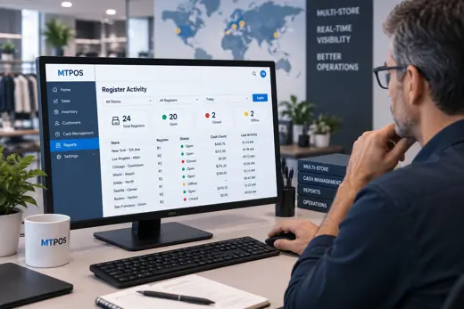 Manager monitoring register activity and cash balances across multiple stores with MTPOS