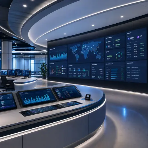 Modern payment operations center monitoring transaction routing, approvals, reconciliation and system health