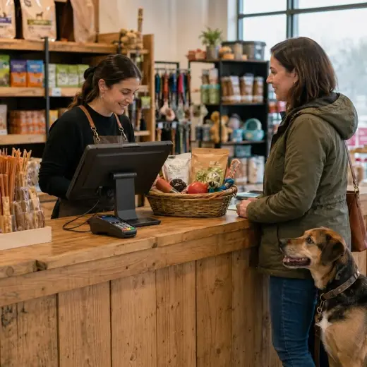 Pet shop associate helping a customer while using MTPOS at the checkout counter